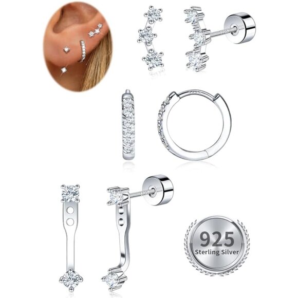 3 Pairs Moissanite Flatback Stud Jacket Stack Earrings Set for Women 925 Sterli